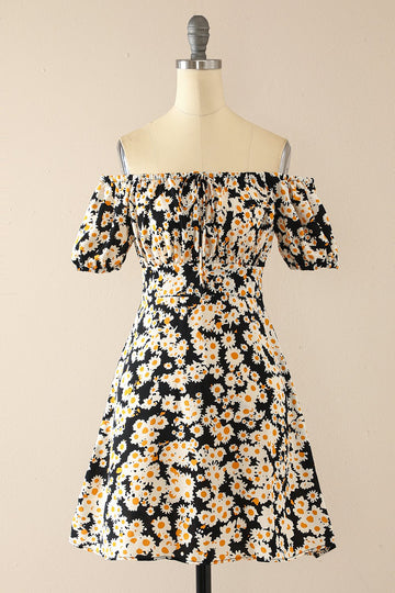 Black Off Shoulder Print Casual Dress
